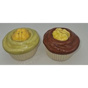Vintage Ceramic Cupcake Salt and Pepper Shakers Green Brown Walnut Topping Set